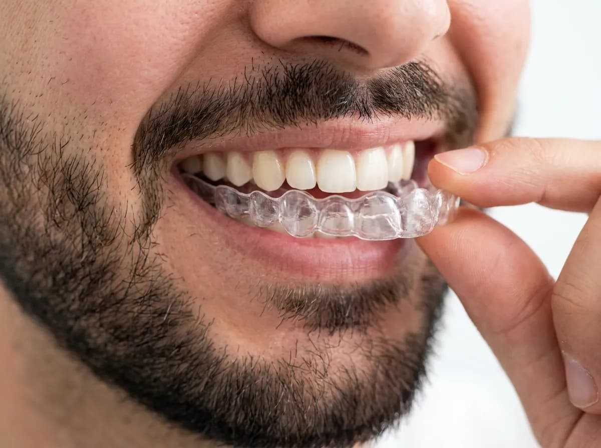 Dentist showing Invisalign clear aligners to a patient